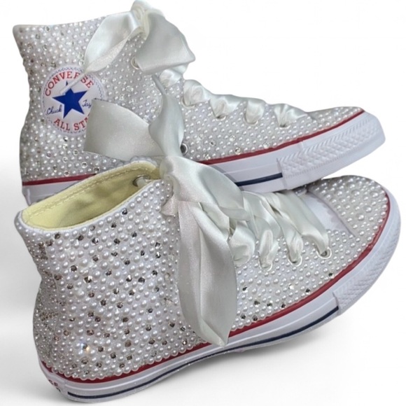 Diamonds & Pearls High Top Converse Sizes 5-14 New With Ribbon Laces - Picture 1 of 12